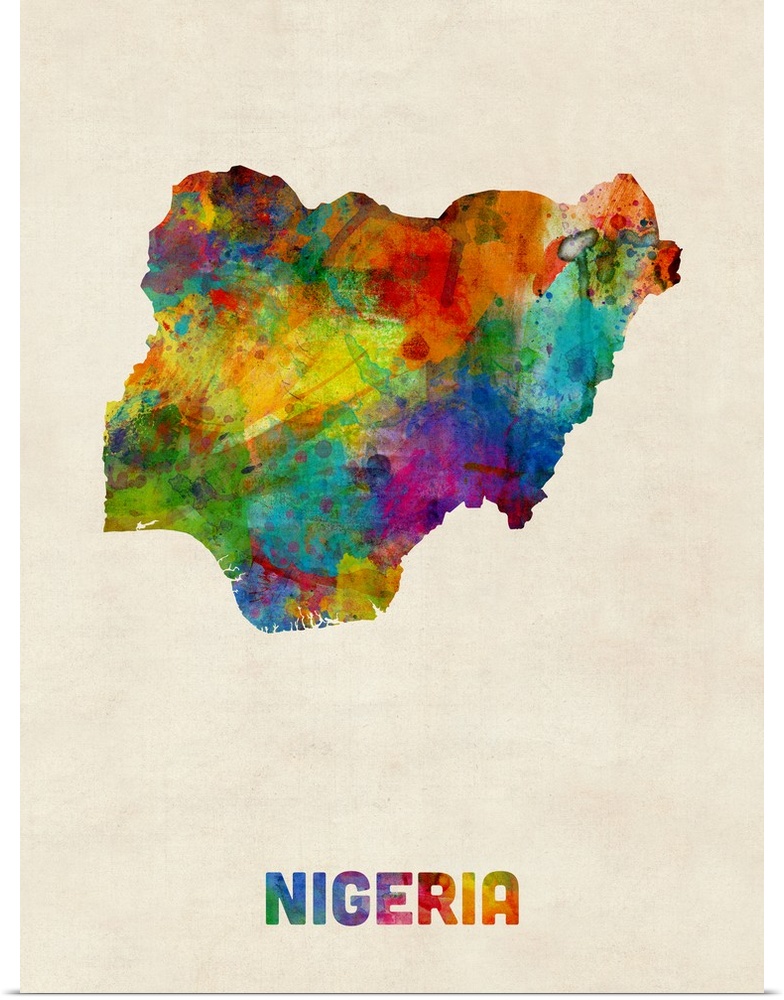 A watercolor map of Nigeria.