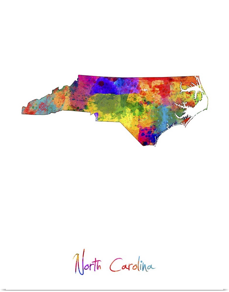 Contemporary artwork of a map of North Carolina made of colorful paint splashes.