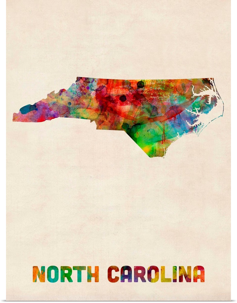 Contemporary piece of artwork of a map of North Carolina made up of watercolor splashes.