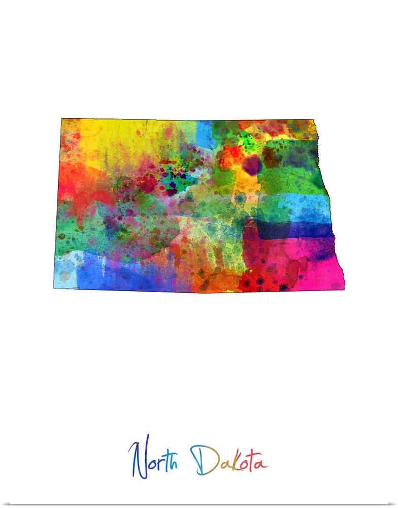 Contemporary artwork of a map of North Dakota made of colorful paint splashes.