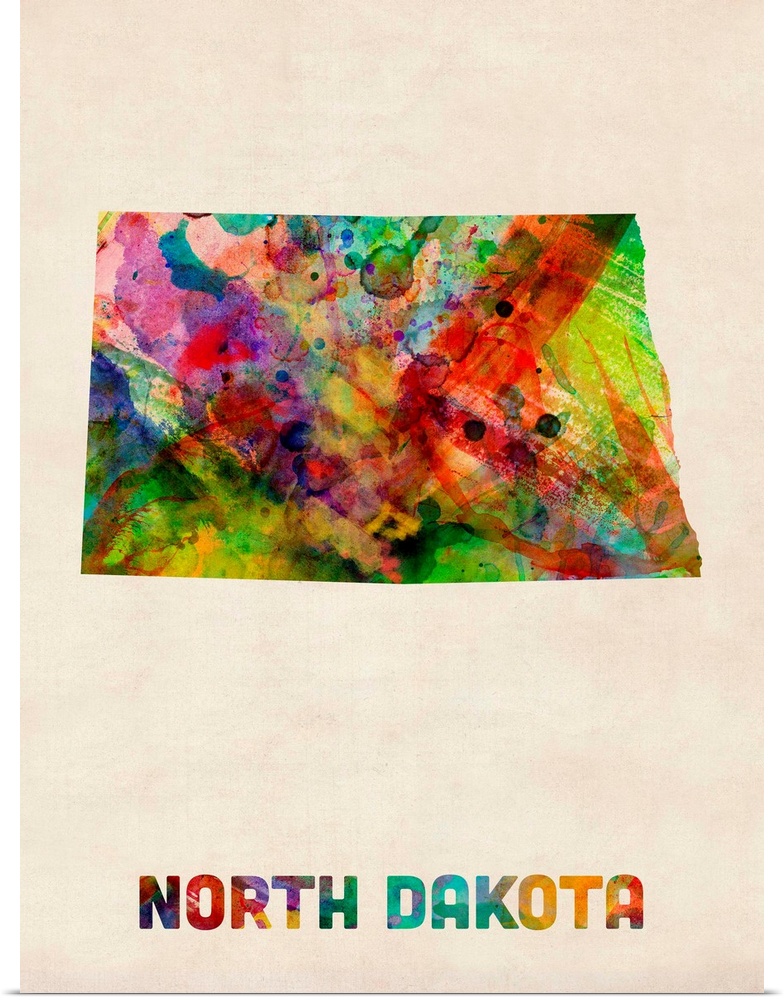 Contemporary piece of artwork of a map of North Dakota made up of watercolor splashes.