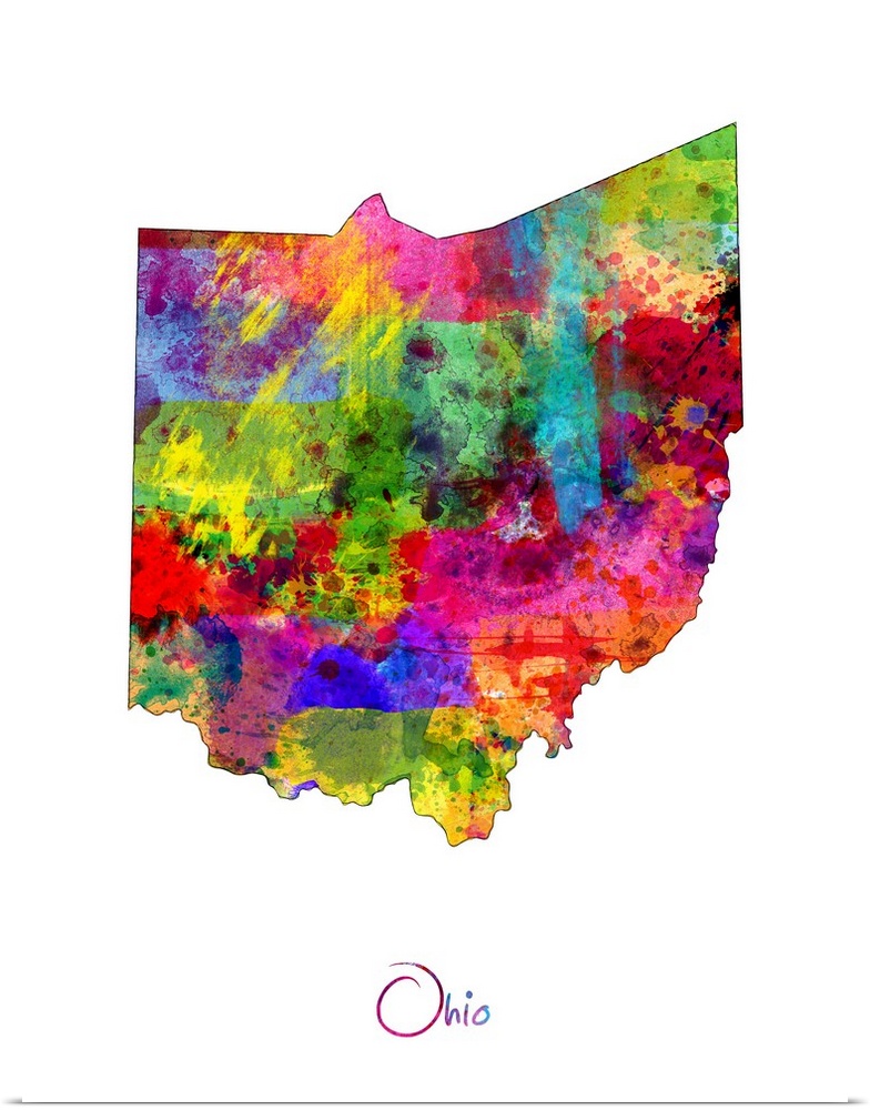 Contemporary artwork of a map of Ohio made of colorful paint splashes.