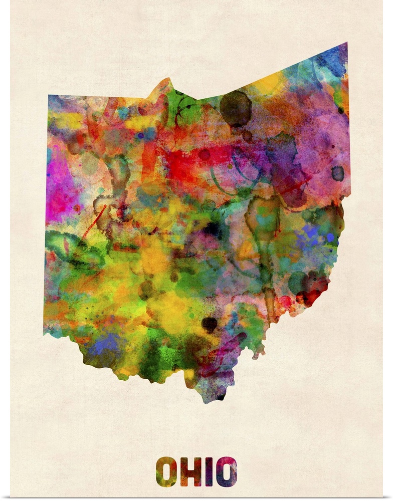 Contemporary piece of artwork of a map of Ohio made up of watercolor splashes.