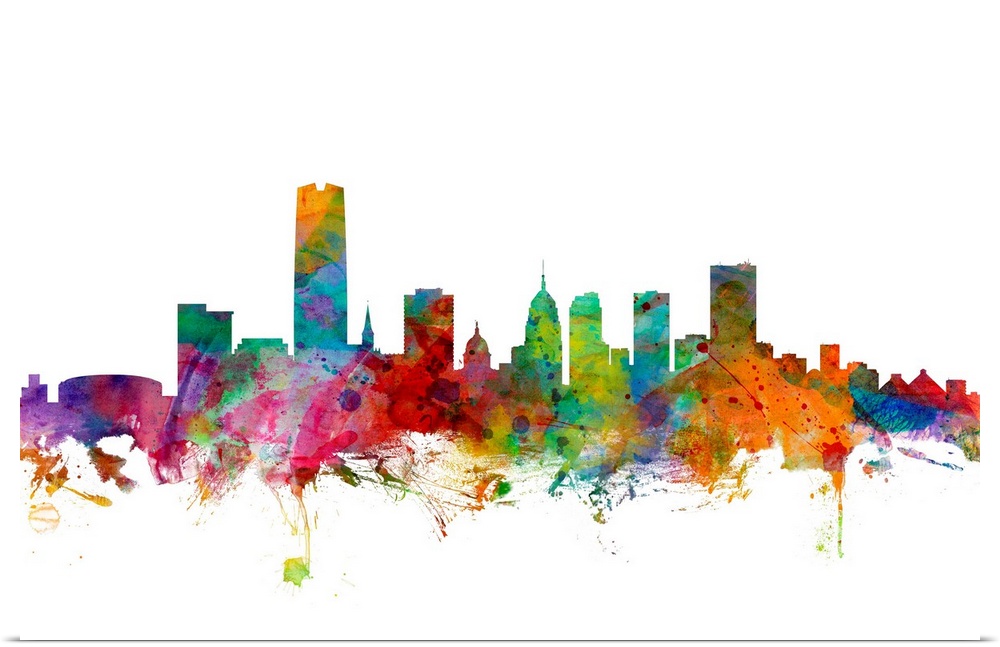 Watercolor artwork of the Oklahoma skyline against a white background.