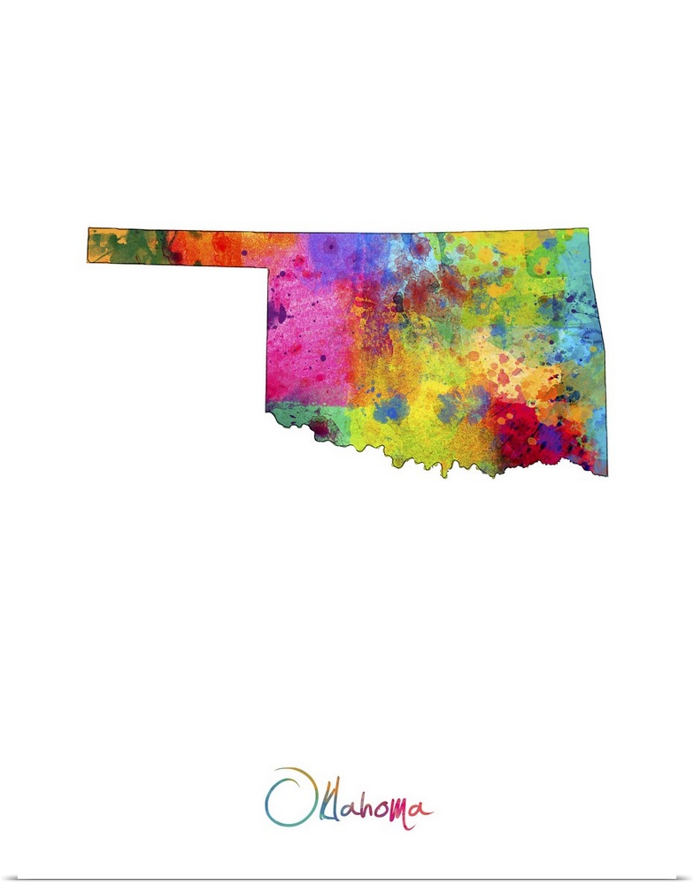Contemporary artwork of a map of Oklahoma made of colorful paint splashes.
