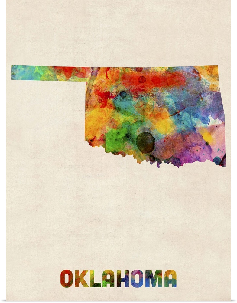 Contemporary piece of artwork of a map of Oklahoma made up of watercolor splashes.