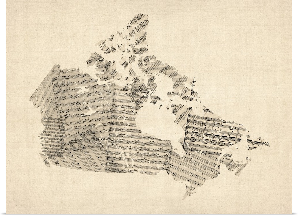 Contemporary artwork of a country map made of old sheet music.