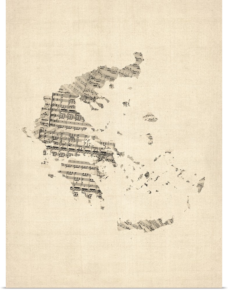 Artistic map of the country Greece made from distressed sheet music.