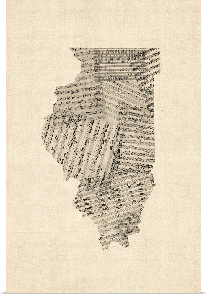 A map of the Illinois, made from a collage of old and vintage sheet music on an antique style background.