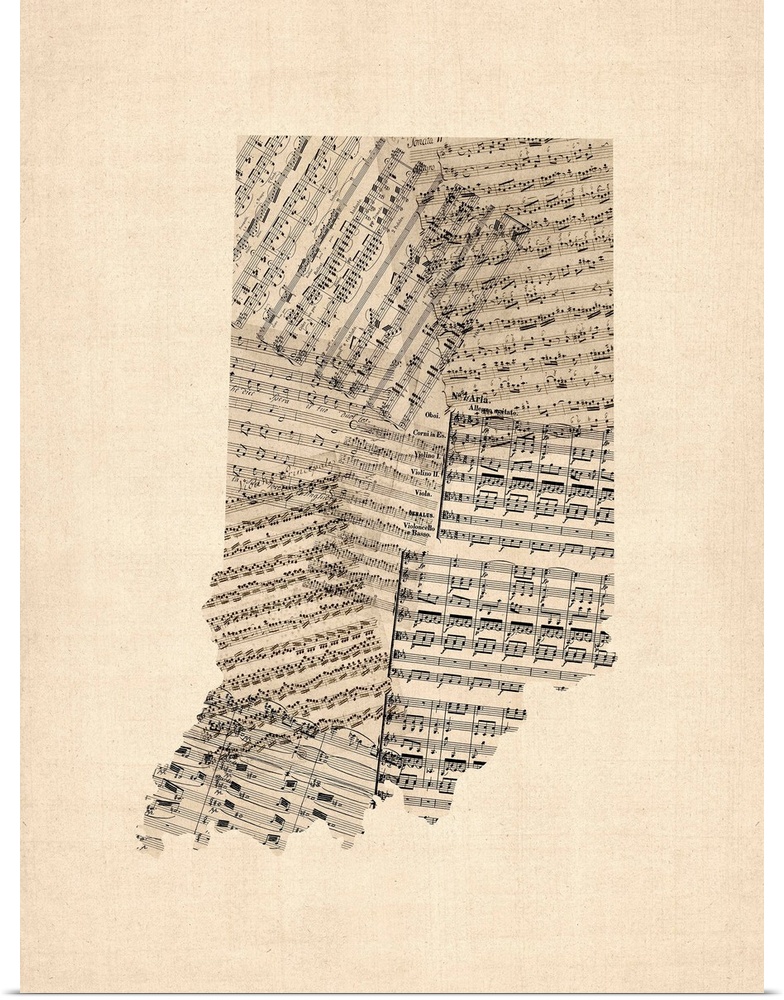 Artistic map of the state Indiana made from distressed sheet music.
