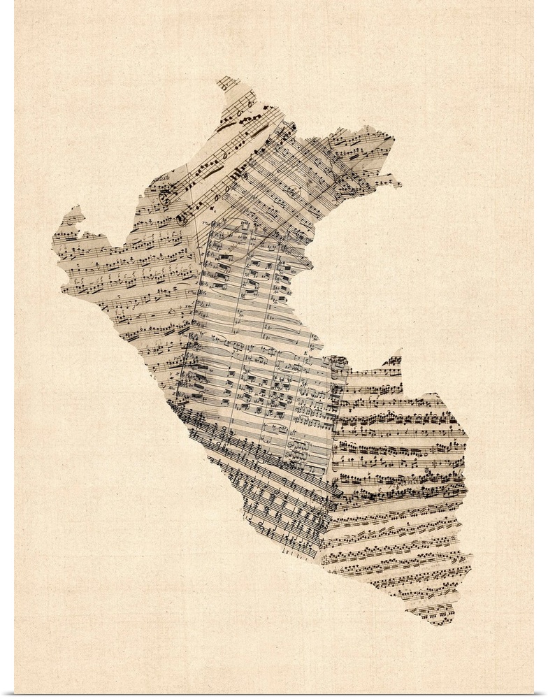 Contemporary artwork of a map of the country Peru made from old sheet music