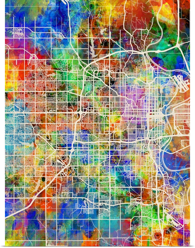 Watercolor street map of Omaha, Nebraska, United States
