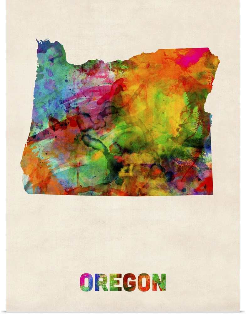 Contemporary piece of artwork of a map of Oregon made up of watercolor splashes.
