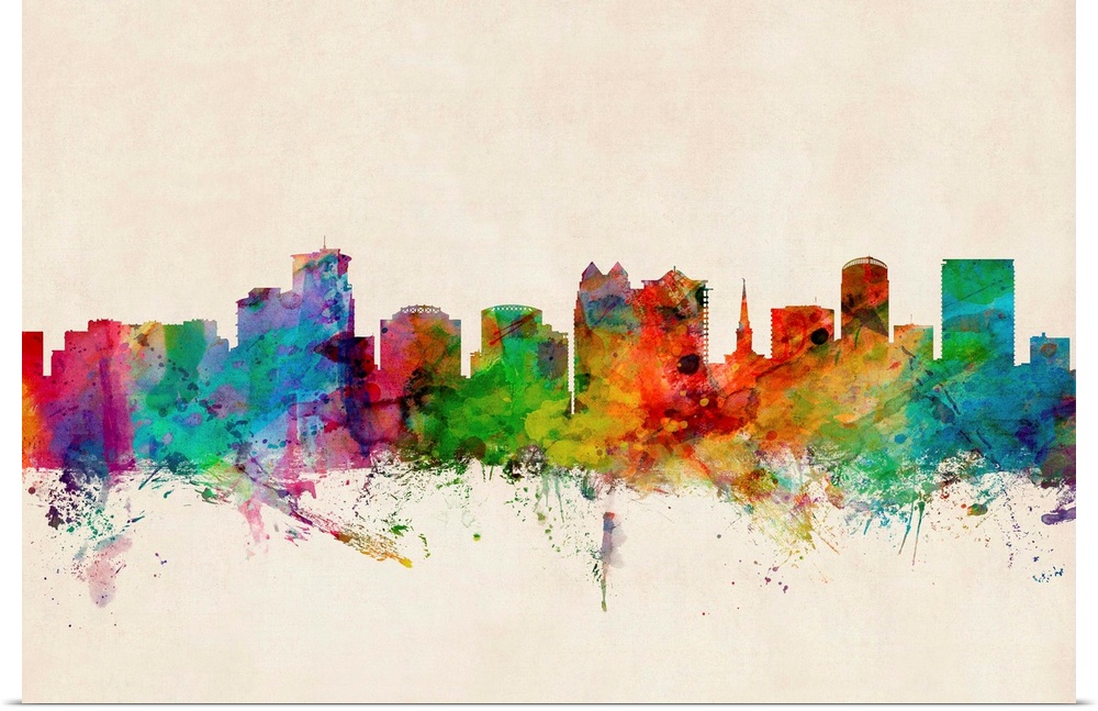 Contemporary piece of artwork of the Orlando skyline made of colorful paint splashes.