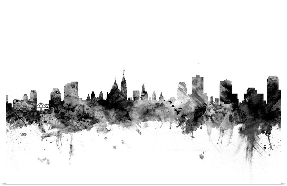 Contemporary artwork of the Ottawa city skyline in black watercolor paint splashes.