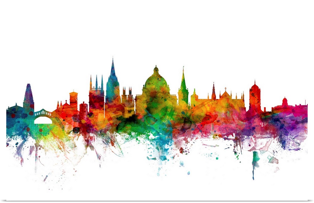 Contemporary piece of artwork of the Oxford, England skyline made of colorful paint splashes.
