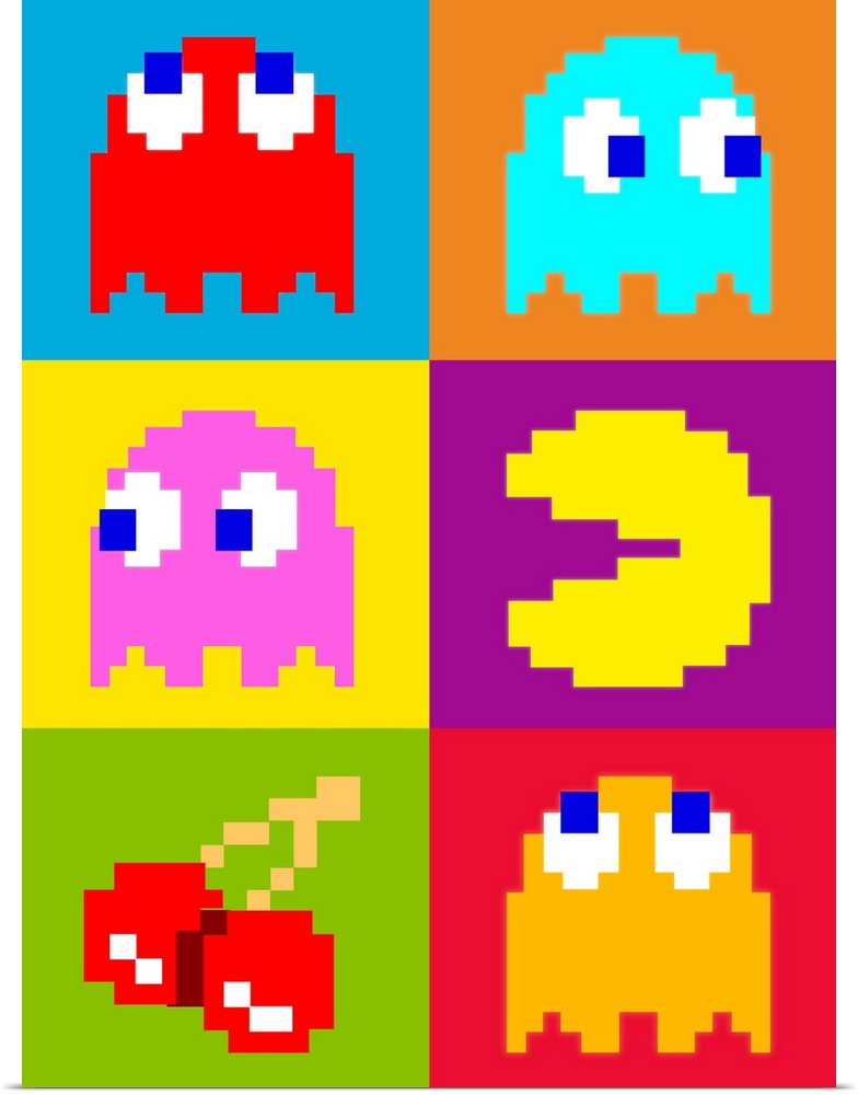 This vertical 8-Bit, pixel artwork shows characters and items from this famous early video game arranged into grids giving...