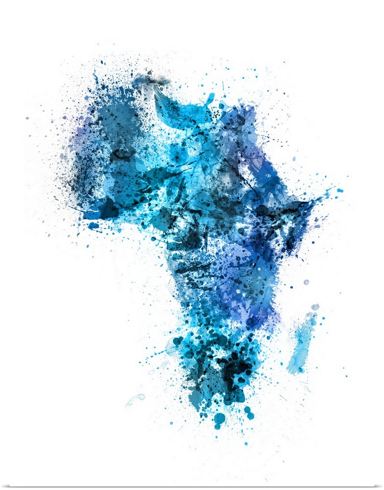 Contemporary art map of Africa made up of blue watercolor paint splashes.