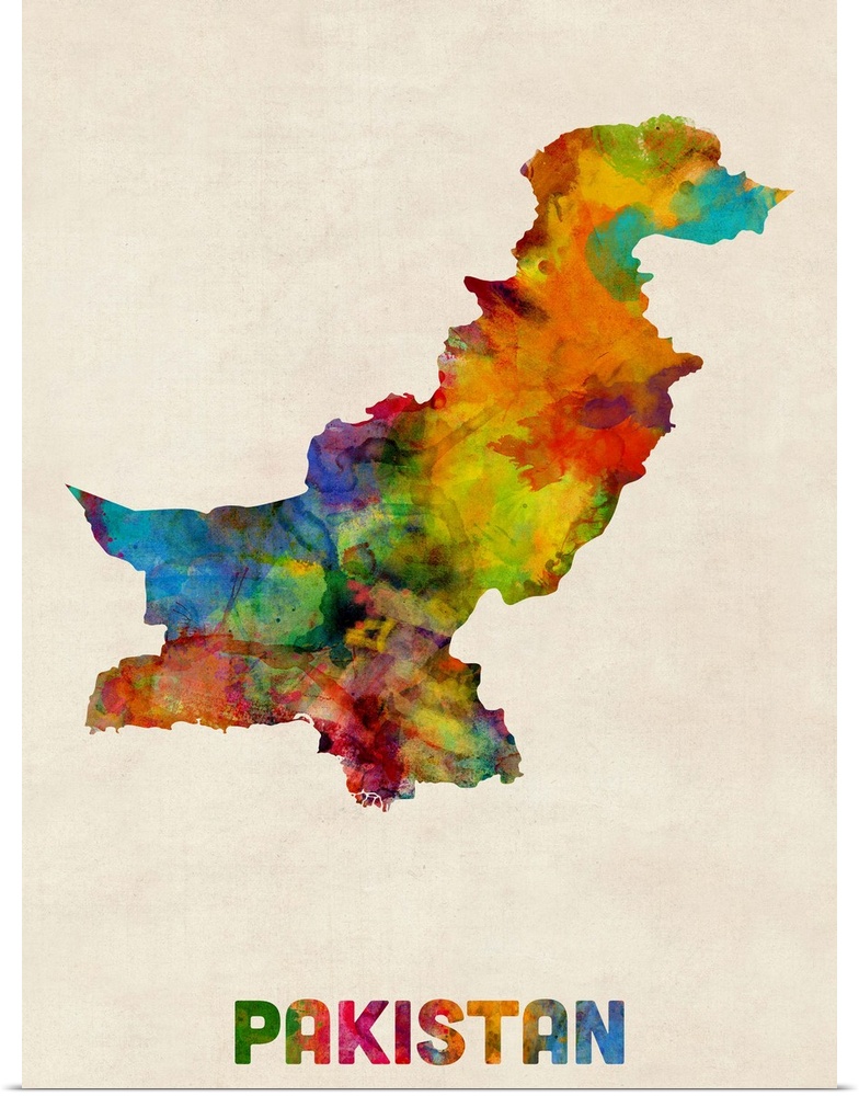 Contemporary piece of artwork of a map of Pakistan made up of watercolor splashes.