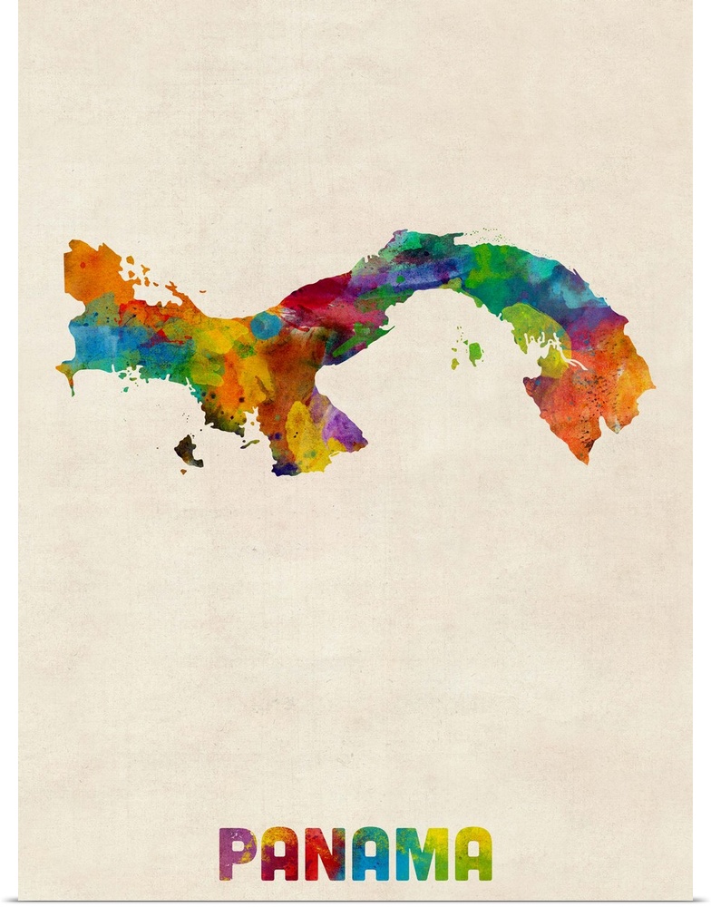 Watercolor art map of the country Panama against a weathered beige background.