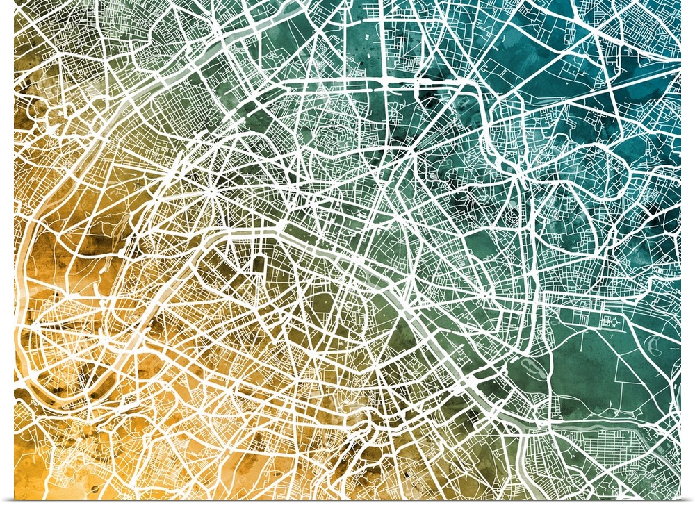 A watercolor street map of Paris, France