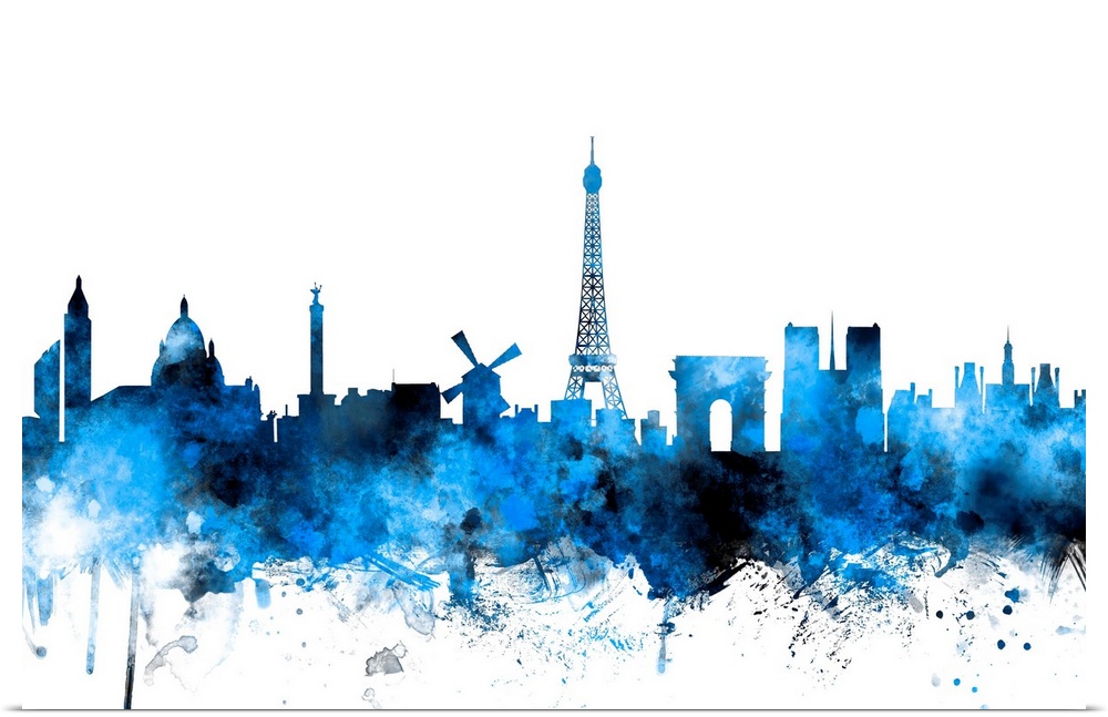 Contemporary piece of artwork of the Paris skyline made of colorful paint splashes.