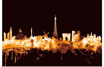 Paris France Skyline, Gold on Black