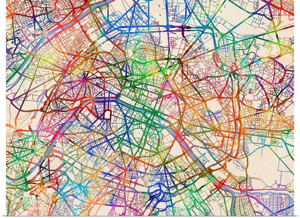 A watercolor street map of Paris, France.