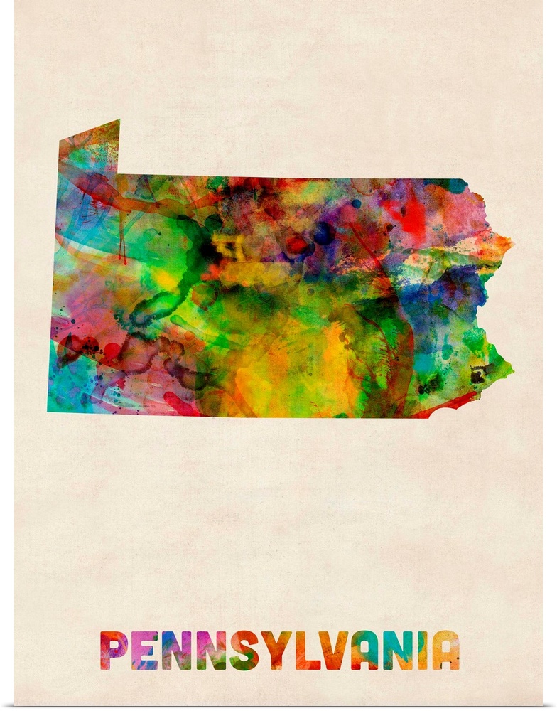 Contemporary piece of artwork of a map of Pennsylvania made up of watercolor splashes.