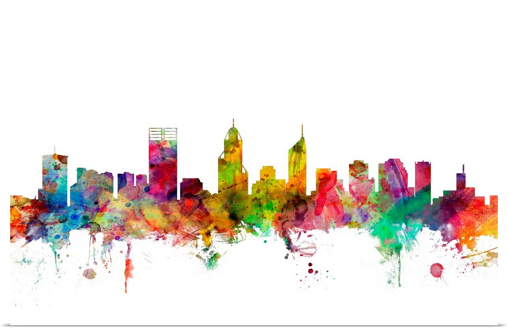 Watercolor artwork of the Perth skyline against a white background.