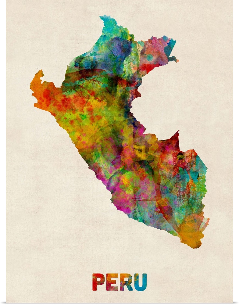 Contemporary piece of artwork of a map of Peru made up of watercolor splashes.