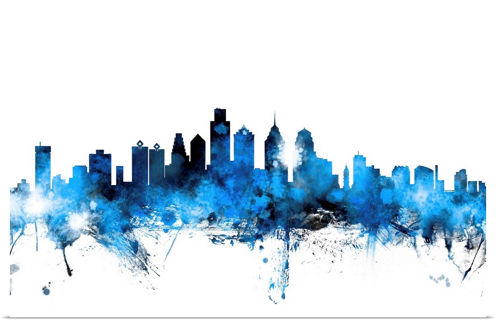Contemporary piece of artwork of the Philadelphia skyline made of colorful paint splashes.