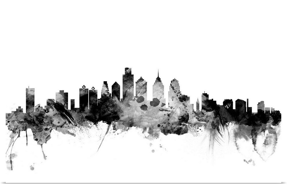 Contemporary artwork of the Philadelphia city skyline in black watercolor paint splashes.
