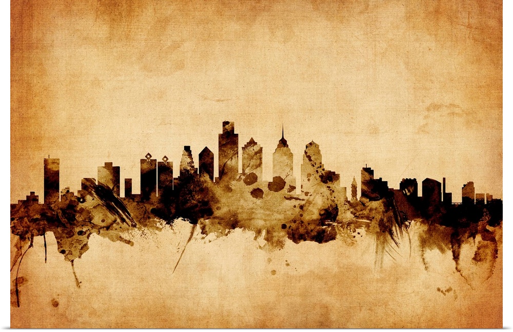 Contemporary artwork of the Philadelphia city skyline in a vintage distressed look.