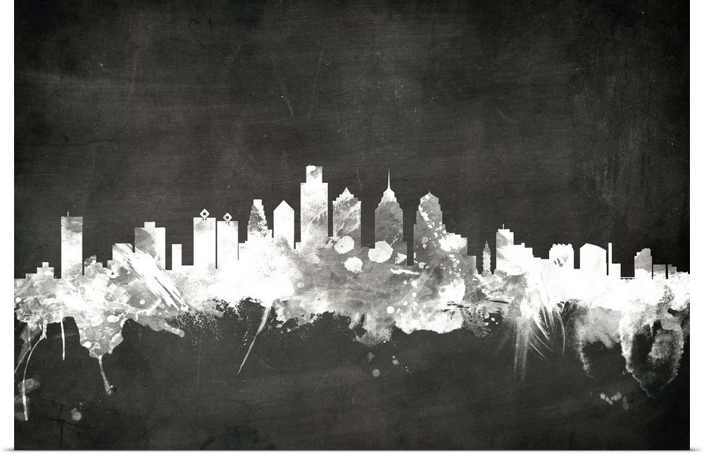 Smokey dark watercolor silhouette of the Philadelphia city skyline against chalkboard background.