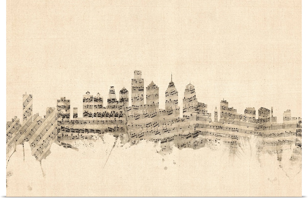 Philadelphia skyline made of sheet music against a weathered beige background.