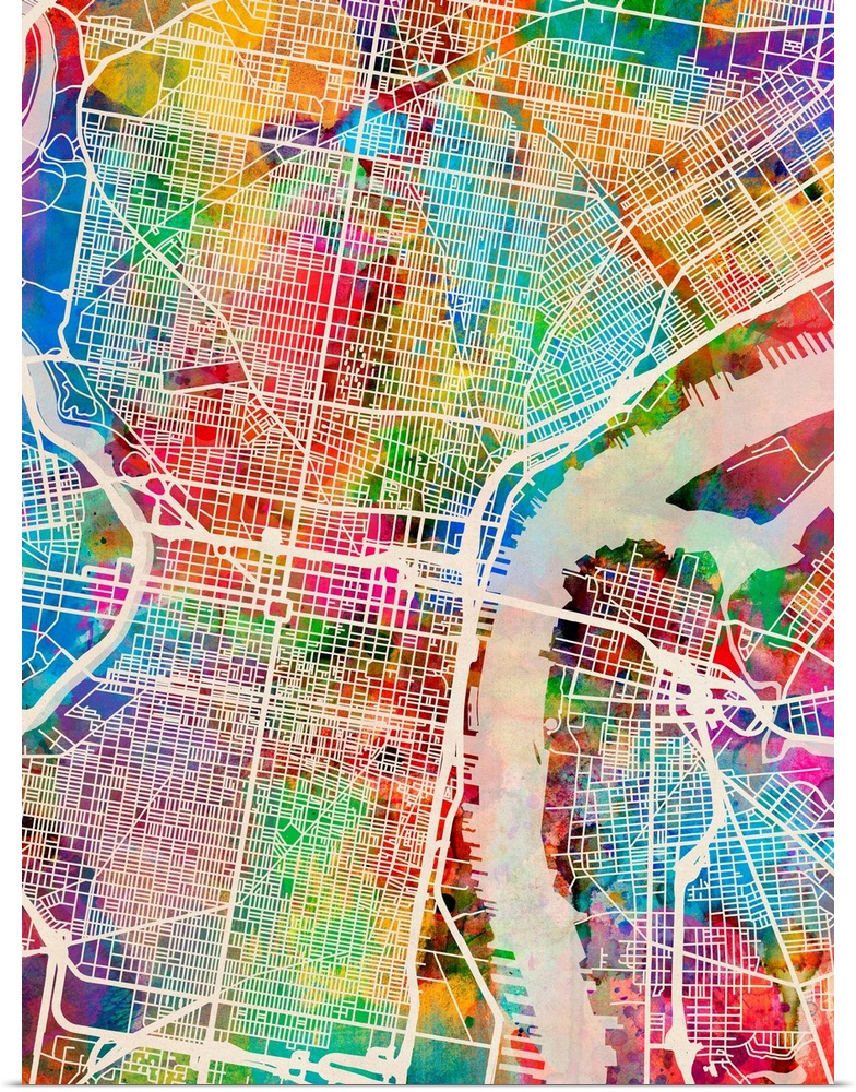 Watercolor art map of Philadelphia city streets.