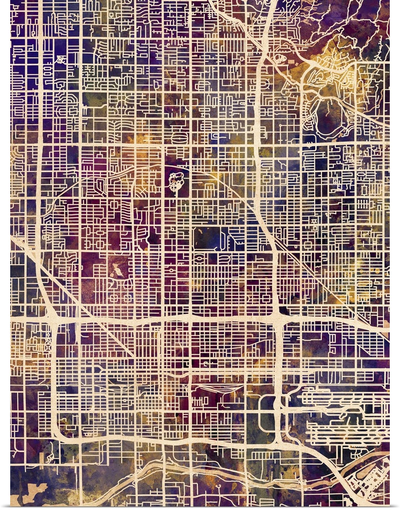 Watercolor street map of Phoenix, Arizona, United States
