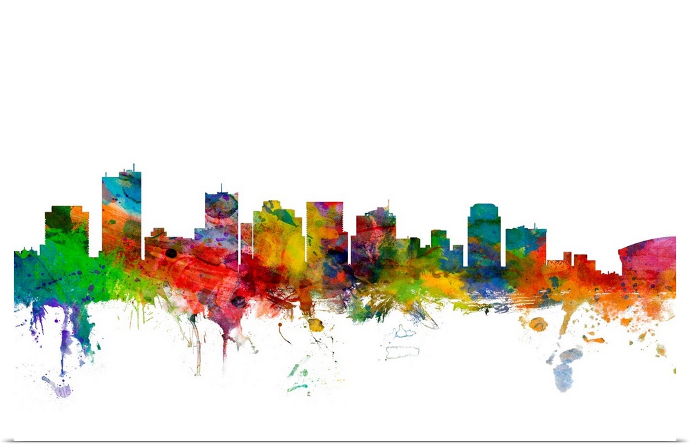 Watercolor artwork of the Phoenix skyline against a white background.