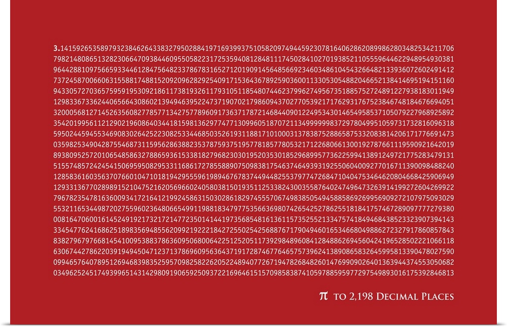 The number Pi to 2,198 decimal places. Pi is a mathematical constant that is the ratio of any circle's circumference to it...