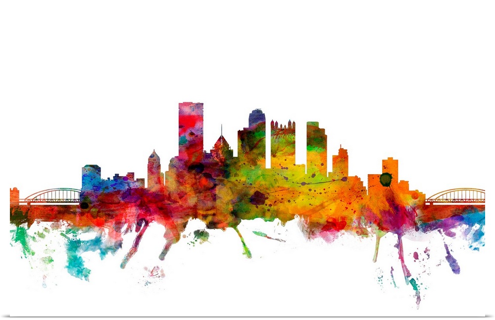 Watercolor artwork of the Pittsburgh skyline against a white background.