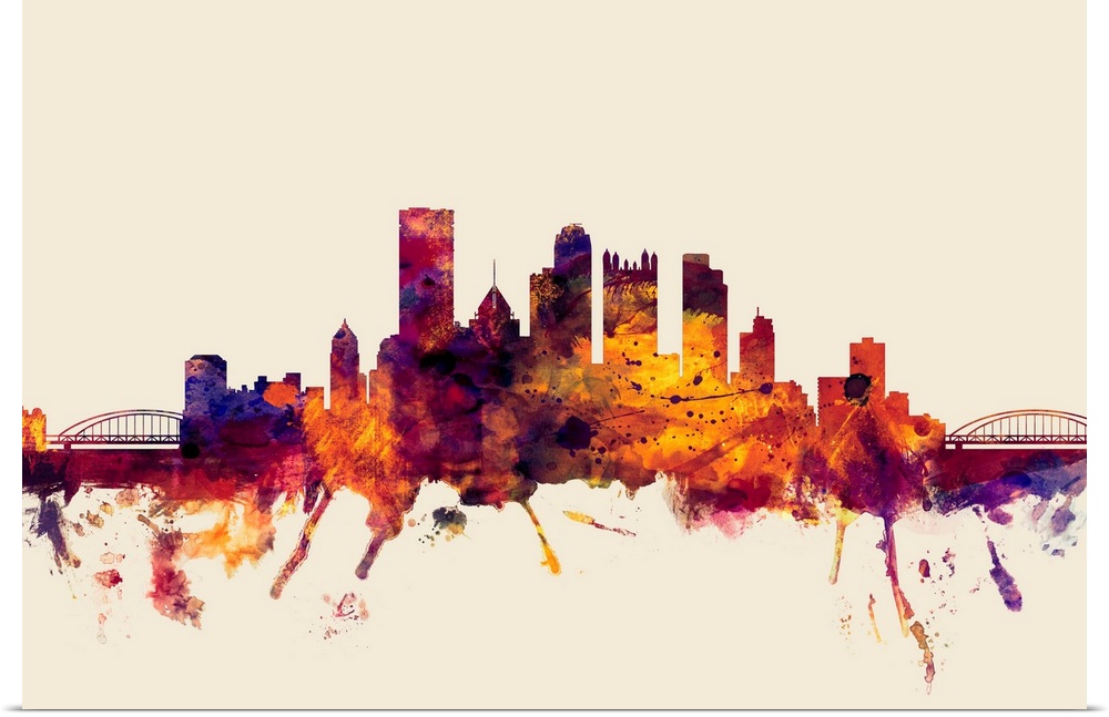 Watercolor artwork of the Pittsburgh skyline against a beige background.