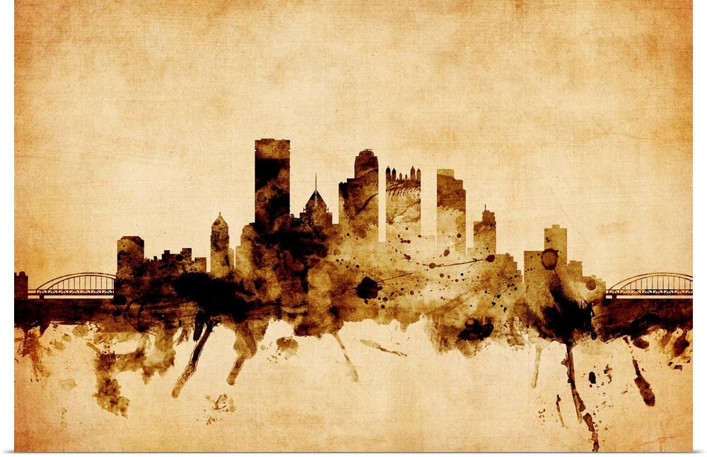 Contemporary artwork of the Pittsburgh city skyline in a vintage distressed look.