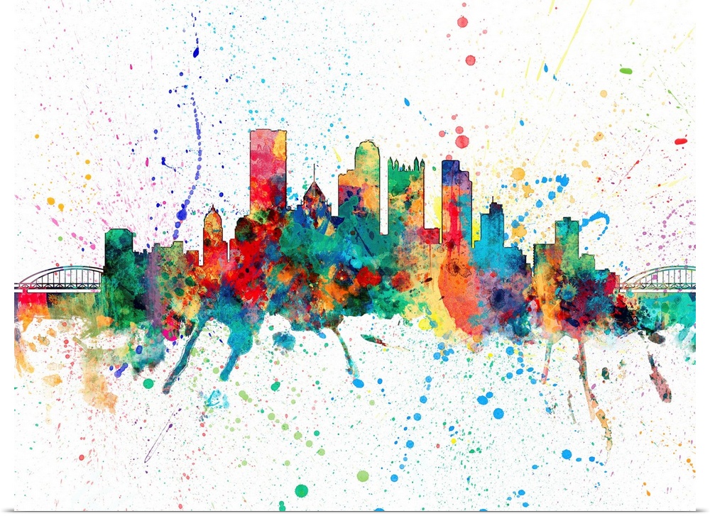 Wild and vibrant paint splatter silhouette of the Pittsburgh skyline.