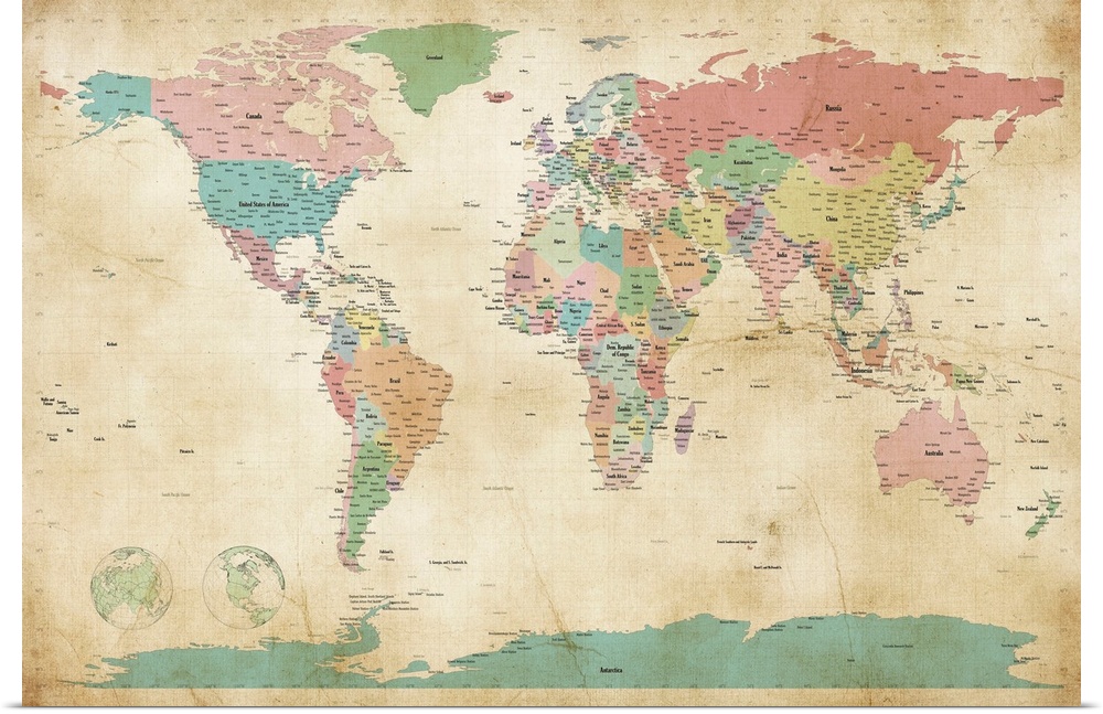 Political Map of the World Map, Antique