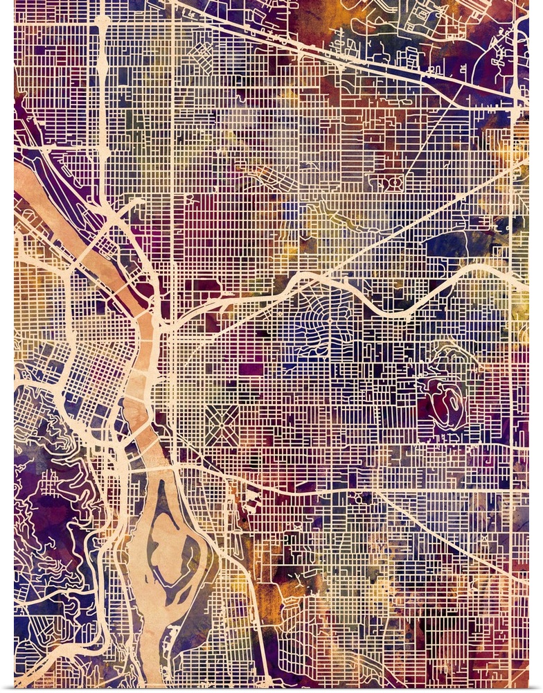 Watercolor street map of Portland, Oregon, United States
