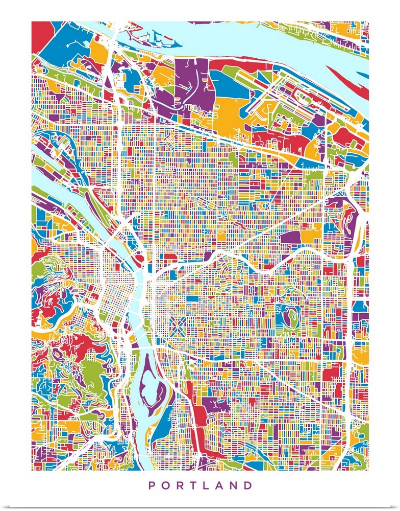 A street map of Portland, Oregon, United States, with land areas colored green, blue, yellow, red and purple.