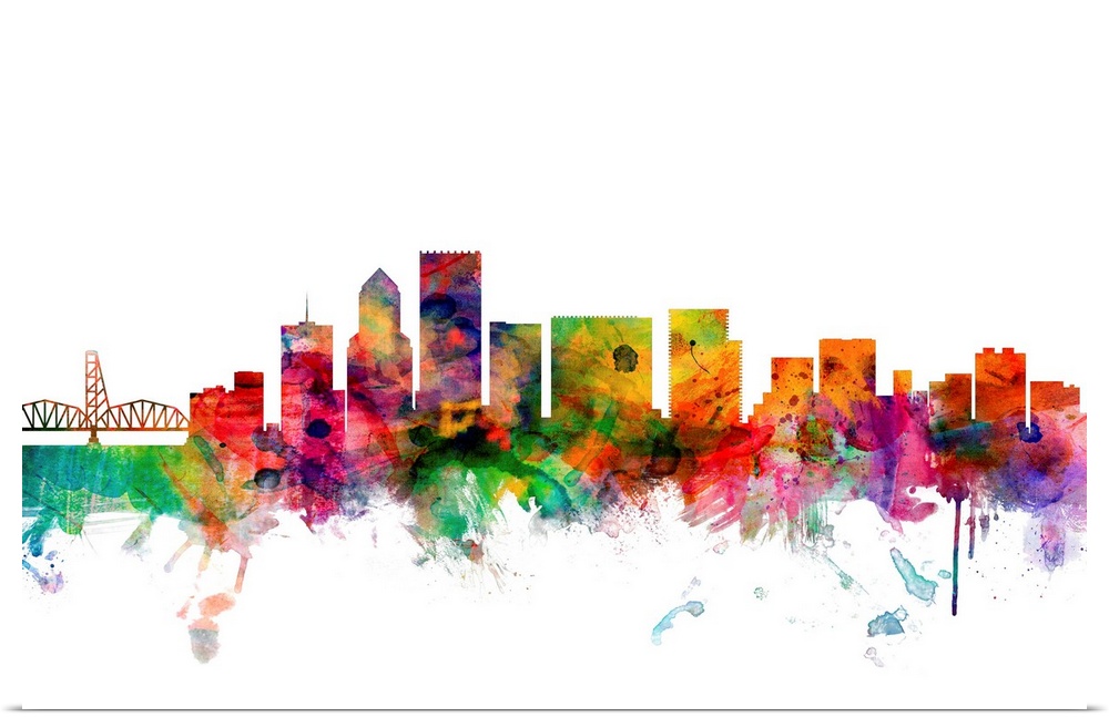 Watercolor artwork of the Portland skyline against a white background.