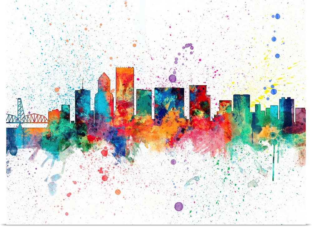 Wild and vibrant paint splatter silhouette of the Portland skyline.