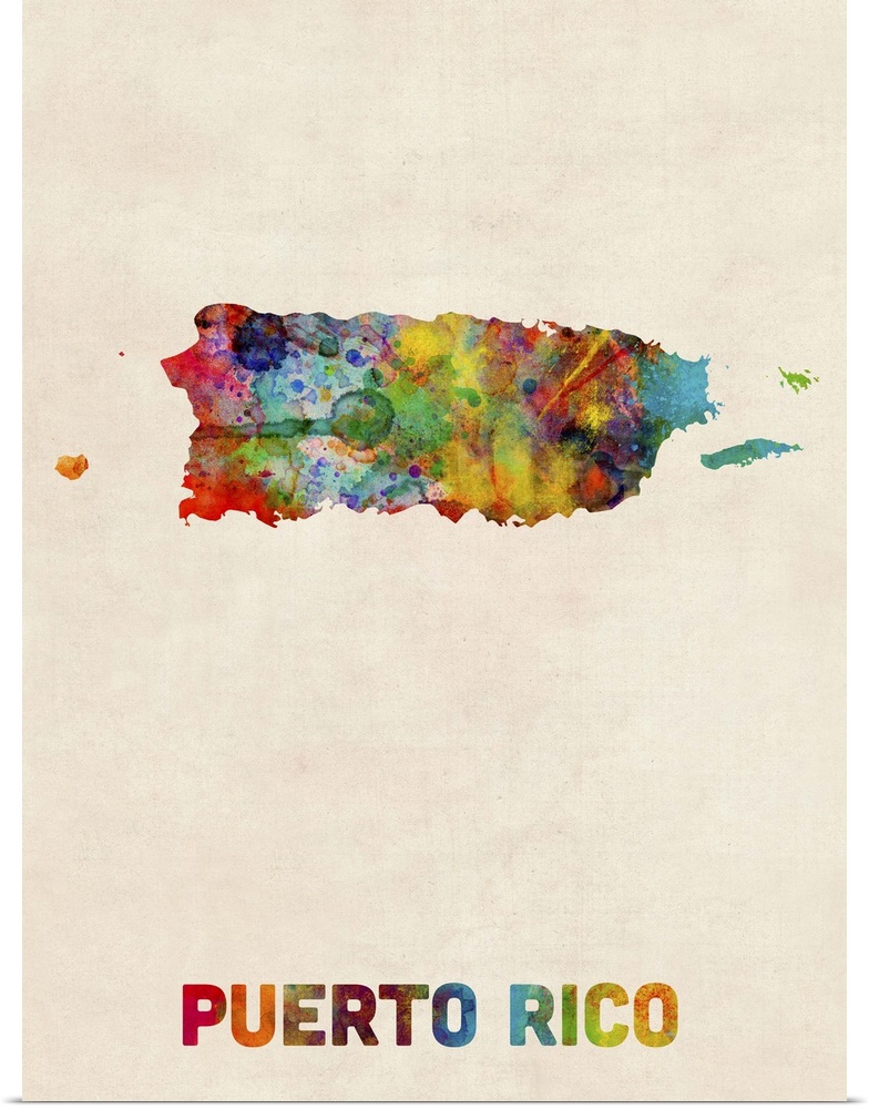 Colorful watercolor art map of Puerto Rico against a distressed background.